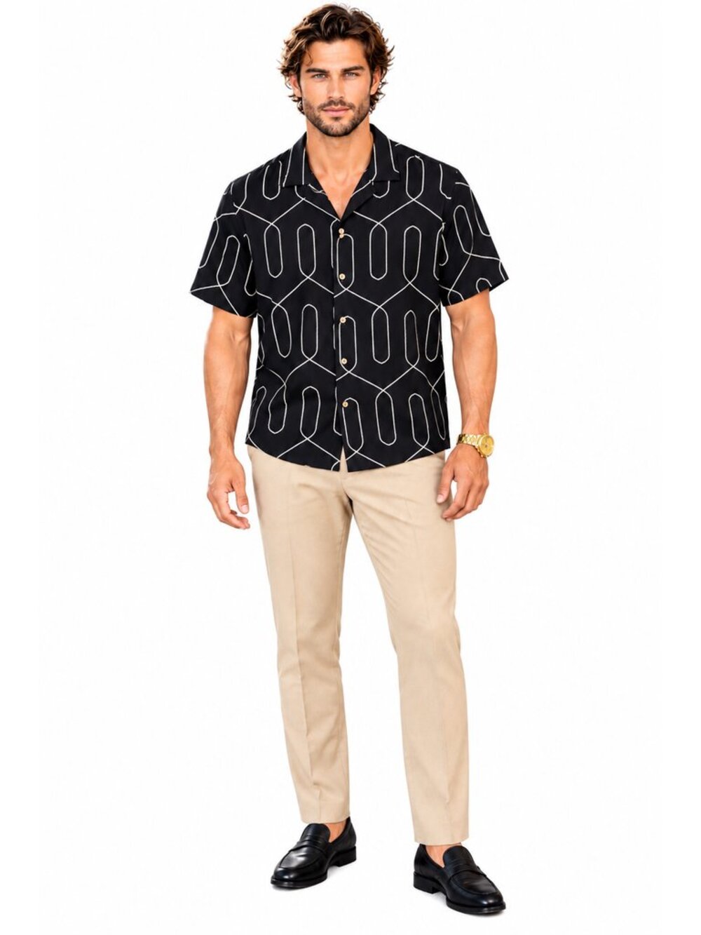 American Breed Smart Shirt Men’s Large Black Cream Geometric Short Sleeve NWT